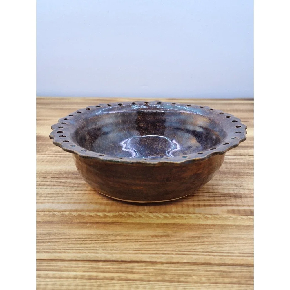 Handcrafted Pottery Bowl Signed Glazed‎ Artisan Reticulated Rim Blue Hue